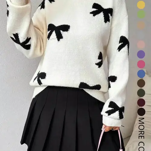 Women's Fashion Bow Print Casual Style Loose Knitting Sweater, New Long Sleeve Pullover for Autumn and Winter, Knitwear, Tops, Womenswear
