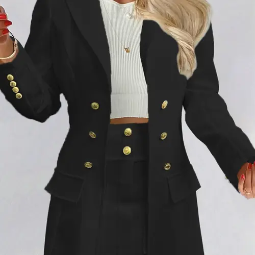Two-piece Set Women's Solid Woven Puff Sleeve Fitted Long Sleeve Blazer & Pocket Skirt Suits, Lapel Neck Buttons Outerwear & Short Skirt for Office and Business, Formal Commuter Workwear, Ladies Fall & Winter Clothes