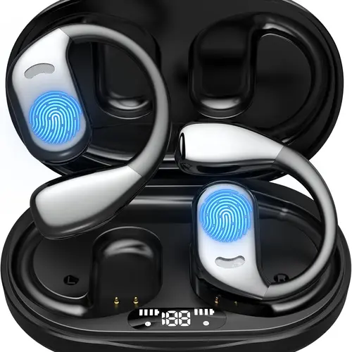 Clip-On Open-Ear Wireless Earbuds, Bluetooth 5.4 Wireless Headphones with Silicone Ear Tips, Digital Audio, 60H Playtime, Directional Sound, 1.5-Hour Type-C Fast Charging, LED Display, Call Mic, IPX5 Waterproof Headphones, Secure Fit Sports Design