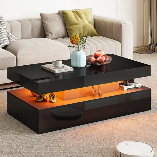 AMERLIFE High Gloss LED Coffee Table, Modern 2-Tier Center Table with LED Lights, Open Storage Space, 40in Simple Rectangular Sofa Side Table[tiktokshopbacktoschool][SohoChic]