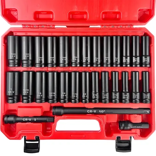 EACELIY 29-Pieces 1/2" Drive Deep Impact Socket Set, Cr-V Steel, 3"-5"-10" Extension Bars, 6-Point Design, SAE 3/8"-1" & Metric 10mm-24mm, Laser-Printed Dimensions, Heavy Tool Box (6.56 kg) for Transport/Storage, Automotive & Mechanical Equipment, 10Mm To