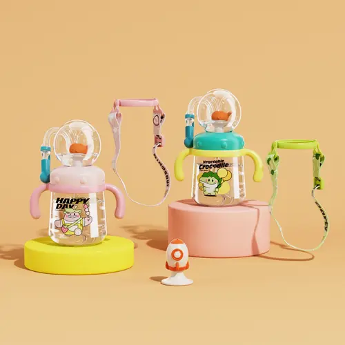 COMOBEBE 10oz (300ml) Sippy Cup - Durable Tritan Drinkware with Handles, Strap, Soft Silicone Straw, Fun Whale & Rocket Spray - Leak-Proof, Easy to Use, Dishwasher Safe