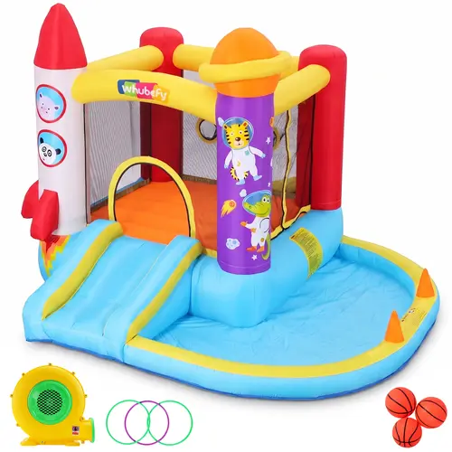 AKEYDIY Space Rocket Themed Inflatable Bounce House - Unisex Kids' Bouncing Entertainment, 3-8 Ages, 370W Air Blower, Slide, Jump Zone, Ball Toss, Ring Toss, Breathable Mesh, 9.51×8.69×6.63 ft, Outdoor Sports, Birthday Gift, Fun Time