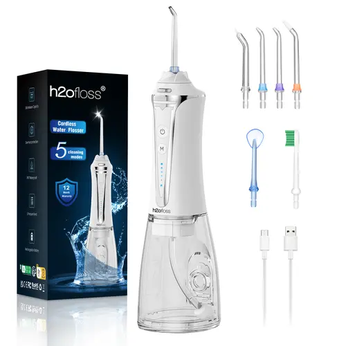 h2ofloss Water Flosser - 5 Modes Portable Rechargeable IPX7 Waterproof Oral Irrigator, Plaque & Tartar Removal Deep Cleaning Health Oral Irrigator for Home & Travel, P11 White (Christmas Sale), Health Oral Irrigators