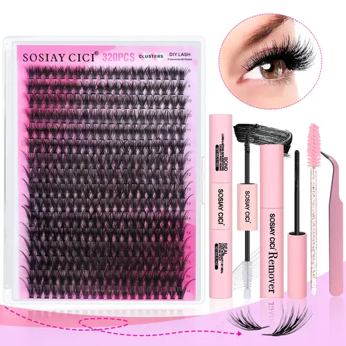 Lash Extension Kit DIY 320pcs Lash Clusters Eyelash Extension Kit, 9-16mm 40D Individual Lashes Kit with Lash Bond & Seal, Eyelash Tweezers , Suitable For Eyelash Extension Beginners Natural Thickening Blend, Eyelash Extensions, Thick Lashes