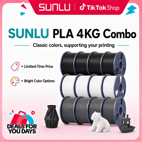 SUNLU PLA 3D Printing Filament 4KG Same-Color Mega Pack (1kg x 4 Rolls) - Printing Supplies, 1.75mm Diameter, 2.50" Width, 0.02mm Tolerance, Tangle-Free High-Speed FDM 3D Printer Accessory, 200-230°C Nozzle Temperature (Black/White/Grey)