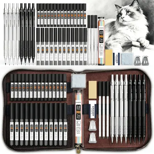 STAGEEK 35Pcs Art Mechanical Pencil Set with Case 0.5 0.7 0.9 2.0 Graphite Metal Drawing Drafting Pencils Sharpener Erasers 384PCS Lead Refills for Writing Sketching Silver&Black for Students Stationary