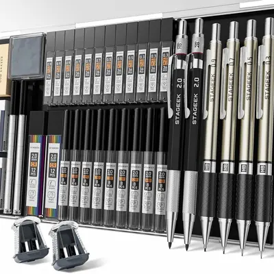 STAGEEK 37PCS Art Mechanical Pencil Set, Drafting Pencil 5 Sizes- 0.3, 0.5, 0.7, 0.9MM & 2PCS 2.0MM Mechanical Drawing Pencils with 492PCS Leads (6B 4B 2B HB 2H 4H Color) for Artist Sketching Drawing&Ballpoint Pen for Student Stationary College Essentials