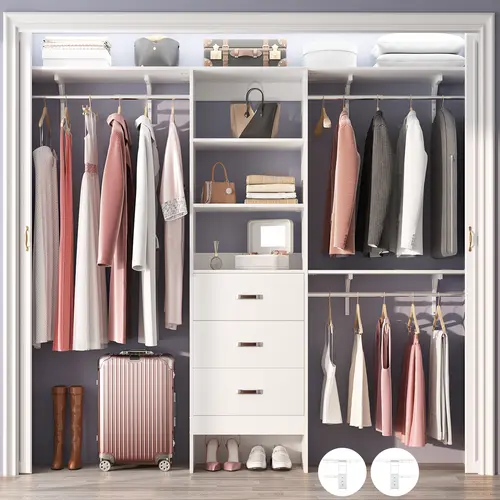 Cyclysio Closet System, 8FT Closet Organizer System with 3 Wooden Drawers, 96'' Walk-in Closet with 3 Hanging Rods & 3 Shelf Tower