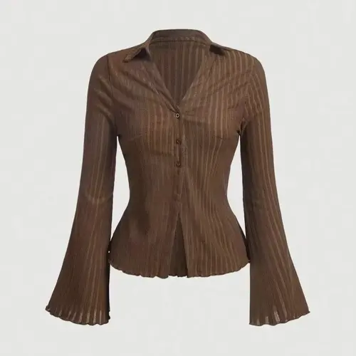 Women's Plain Woven Fabric Lettuce Trim Flounce Sleeve Button Front Blouse Shirts Button Down Shirts, Casual Chic Minimalist Everyday Long Sleeve Buttoned Collared Top for Daily Wear, Ladies Clothes for All Seasons Womenswear Soft