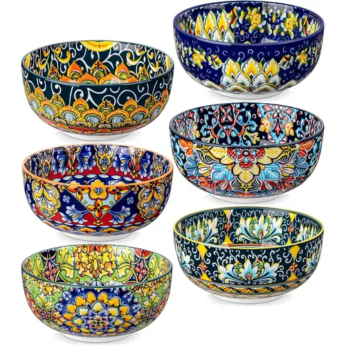 vancasso Cereal Bowls Set of 6, Bohemian Ceramic Soup Bowls, 28 oz Colorful Bowls Set for Kitchen, Dishwasher & Microwave Safe for Salad, Pasta, Rice, Oatmeal, Fruit Tableware