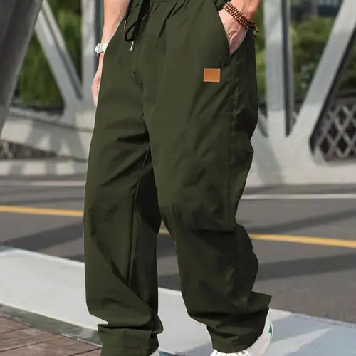 Men's Solid Pocket Design Drawstring Waist Pants, Regular Fit Casual Fashion Patched Straight Leg Trousers, Casual Streetwear Trousers for Daily Wear, Men's Bottoms for All Seasons, Adjustable Waist Trousers