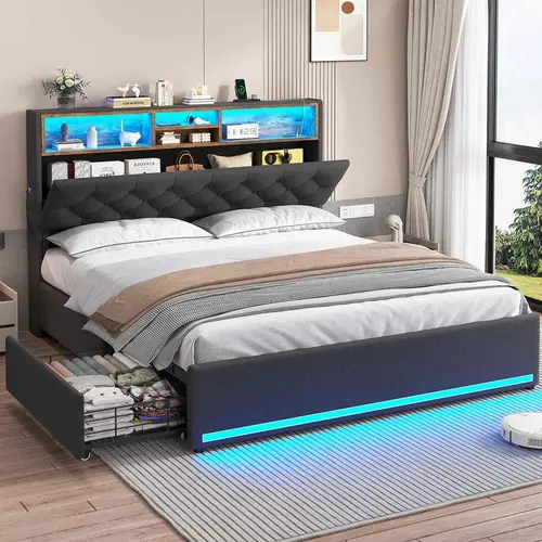 Sikaic Bed Frame with Hidden Storage Headboard and 4 Drawers, Upholstered Platform Bed with LED Lights & Charging Station, No Box Spring Needed, Noise-Free, Dark Grey Smart Lighting, Home Furniture Christmas Gifts [SohoChic]
