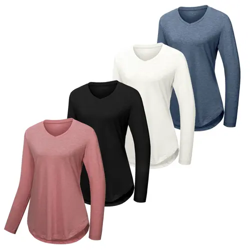 VILIGO Women's 4 Pack V Neck Long Sleeve Shirts – Soft, Comfortable, Curved Hem Basic Tops in Multiple Colors for Casual Wear