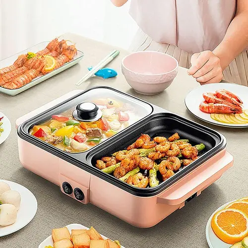 CNCEST 2-in-1 Corded Nonstick Electric Grill & Hot Pot - 1200W, Even Cooking, Portable Griddle, Dual Temp Control, Rust-Resistant Treated Paint, Wipeclean, Indoor Grilling, Less Oil Smoke, 1-Pot Meals, Shabu-Shabu & BBQ Fun Household Kitchen Appliance, On