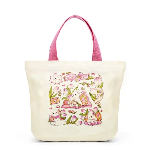 BunnyLulu Cute Sweet Mini Canvas Tote Bag for Women - Kiss Lock, Reusable Durable, Back to School Haul Lunch Bag with Display Function