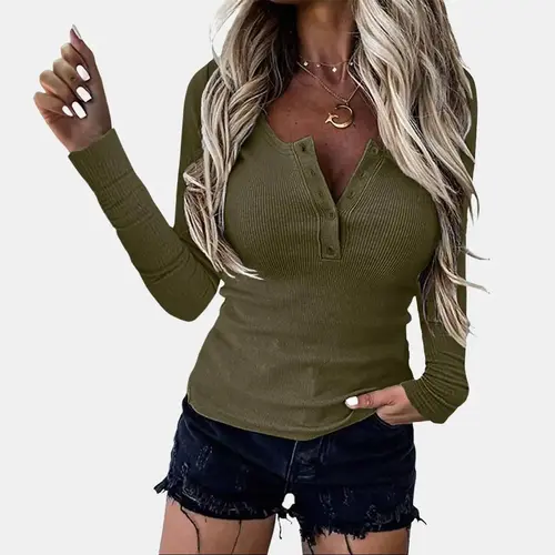 PrettyGarden Women's Fall Long Sleeve Henley T Shirts Button Ribbed Knit Slim Fit Casual Basic Tops Blouse