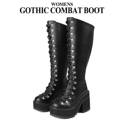CYNLLIO Womens Knee High Platform Boots Zipper Lace Up Chunky Heel Wedge Round Toe Goth Motorcycle Punk Fall Combat Boots