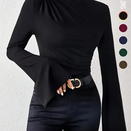Women's Plain Ruched Flounce Sleeve Tee, Elegant Feminine Long Sleeve Stand Collar T-Shirt for Spring & Fall, Womenswear, Women's Top for Daily Wear