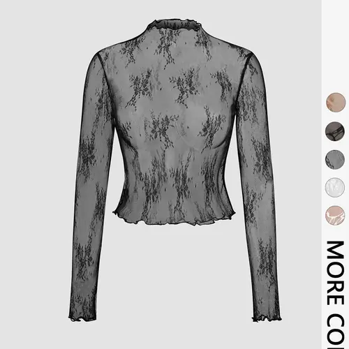 Women's Mock Neck Sheer Floral Lace Fitted Tee, Basic Elegant Long Sleeve Top Casual Blouse T-shirt for Daily Everyday Wear, gift for Girl, Ladies Clothes Womenswear Casual Daily Tops for All Seasons