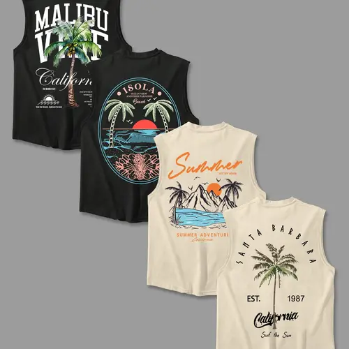 Men's Letter & Tropical Print Round Neck Stringer Tank Tops, Regular-Fit Casual Sleeveless Crew Neck Vests, Men's Tops for Daily Wear, Summer Clothes