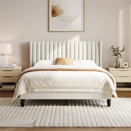 Yaheetech Full/Queen/King Bed Frame Upholstered Platform Bed with Fabric Headboard, Wing Edge Design/Non-Slip and Noise-Free/Wooden Slats Support/No Box Spring Needed/Easy Assembly,dorm essentials,home decor