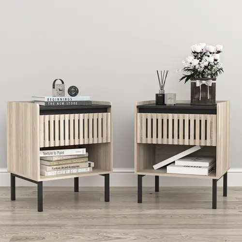 Spaco 2-Piece Modern Boho Khaki MDF Wood Nightstand Set - Compact 2-in-1 15.7x18.9x22.9" Rectangle Wood Table with Fence Doors, Open Storage, Metal Legs, DIY Assembly, Numbered Accessories for Small Spaces