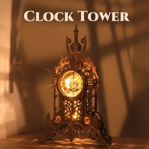 FUNPOLA 3D Wooden Puzzle LED Clock Tower with Adjustable Light, DIY Building Model Kit, Cozy Home Desk Decor Gift for Adults 63PCS