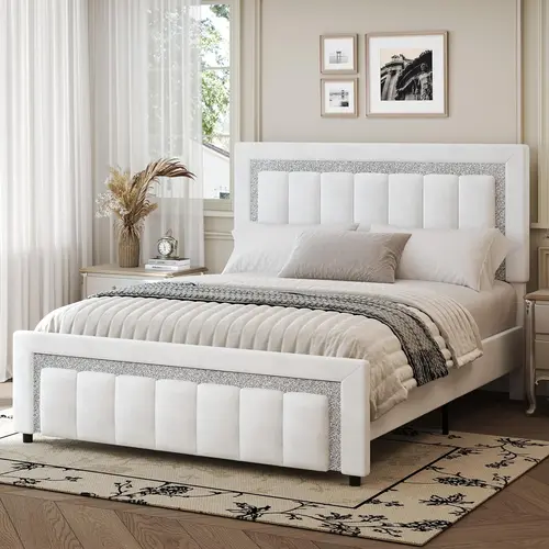 HOMBCK Queen Size Divan Bed Frame, Velvet Upholstered Diamond Soft Headboard, Vertical Channel Tufted, Adjustable Modes, No Mattress/Box Spring Needed, Easy Assembly, Installation Manual Included, Storage-Friendly Kids Friendly Modern Bedroom Bed Frame