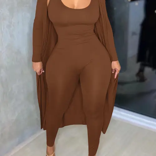 Two-piece Set Women's Basic Solid Open Front Long Sleeve Longline Outwear & Skinny Jumpsuit, Stretchy Tight Jumpsuit, Casual Fashion Cozy Elegant Outfits for Daily Outdoor Wear, Women Clothes for Fall & Winter, Womenswear