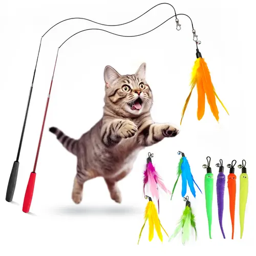 PESHOGAK Interactive Cat Toys - Retractable Wand Toy and Feather Toys Refills for Indoor Cats to Chase and Exercise