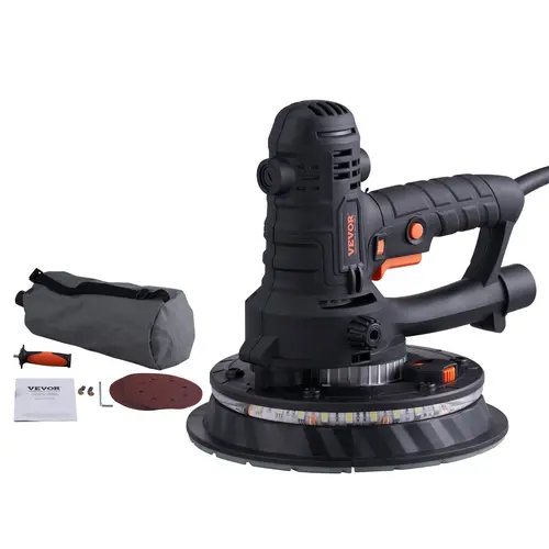 VEVOR Brush Motor Drywall Polishing Sander, Variable RPM Power Tool with Ergonomic Grip, 360° Rotation Pad, Automatic Dust Removal Vacuum, Adjustable Suction, Detachable Edge, LED Strips, Dust Bag, DIY Home Improvement Tool