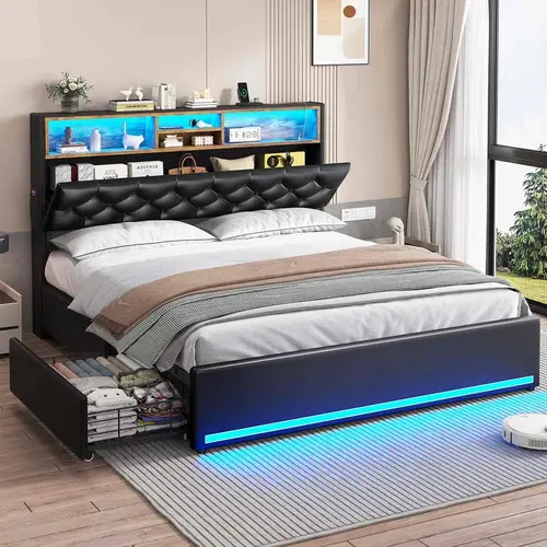 Sikaic Queen Bed Frame with 3-Tier Storage Headboard, Upholstered LED Platform Bed with 4 Drawers & Charging Station, Metal Bed Frame with Hidden Storage, No Box Spring Needed, PU Leather, Black, Home Furniture Christmas Gifts [SohoChic]
