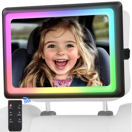 Safety Car Seat Mirror with Seven Customized RGB Lights and 15° Convex Mirror for Wide Horizon Viewing - Well-prepared for Long Drive Rear Viewing