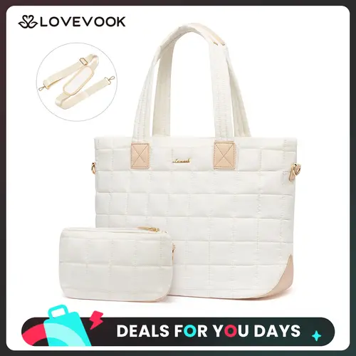 LOVEVOOK 17.3'' Puffer Laptop Tote Bag for Women,Large Work Bag,Lightweight Quilted Travel Bags for College, Work, and Everyday Use, Nylon Tote Bags with Clutch Purse,Quilted Laptop Tote with Clutch,TikTokShopBackToSchool