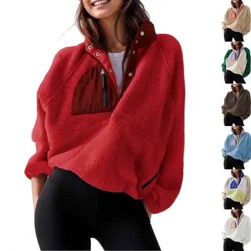 UANEO Women's Cropped Fleece Pullover Jacket Fuzzy Sherpa Sweatshirt Coat with Pockets Casual Long Sleeve Fall Winter Outerwear