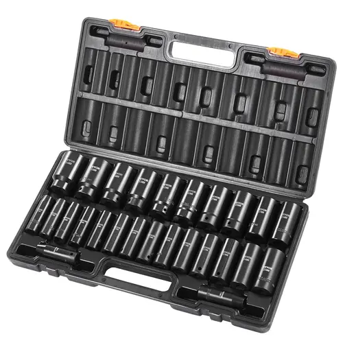 【summerfinds】VEVOR Impact Socket Set 1/2 Inches 26 Piece Impact Sockets, Deep Socket, 6-Point Sockets, Rugged Construction, Cr-V, 1/2 Inches Drive Socket Set Impact Metric 10mm - 36mm, with a Storage Cage