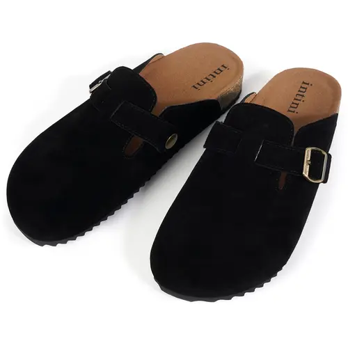 Intini Women's Adjustable Buckle Faux Suede Cork Footbed Footwear - Soft, Faux Fur-Lined, Breathable Lightweight Clogs, Arch Support, Casual Shoes Clogs, Streetwear Walking Shoes, Black, Genuine Suede, Eva Mules, Round Toe, Cuban, Plain