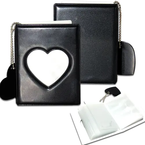3-Inch Mini Album, Album Photocards Holder with 32 Pockets, Mirror-Like Binder & Heart Hollow Pendant, Black Office Binder Accessory, Photo Book Gift for Fans