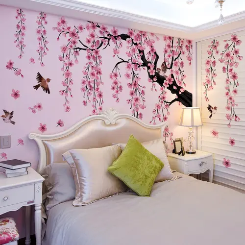 Peach Blossom Tree & Bird Pattern Wall Sticker, 4 Sheets/set Self-Adhesive Wall Decals, Flower Decals For Walls, Floral Pattern Sticker, Decorative Stickers, Decoration Items for Home Living Room and Bedroom, Vinyl Floral Wall Art, Bedroom Decorations