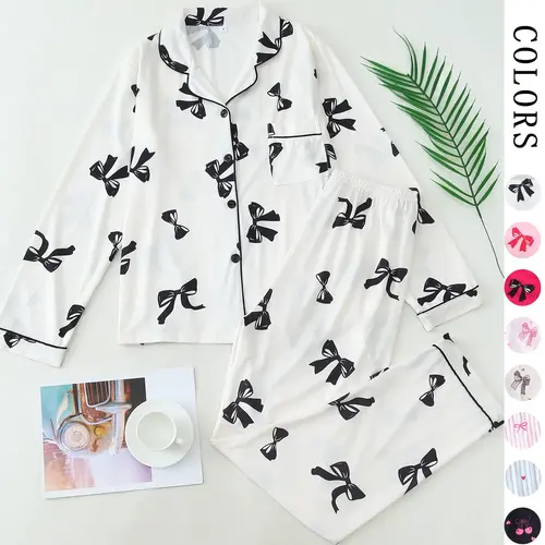 Bow Print Pajama Set, Womenswear, Nightwear, Homewear, French Style Casual Button Down Long Sleeves PJs, Soft 2-Piece Fitted Loungewear Outfit for Women, Perfect Bridal Party & Gift PJ Set, Lounge Pajamas, Pajama Lounge Sets