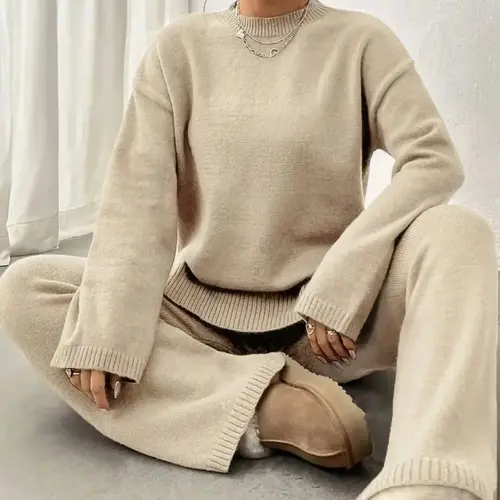 Women's Solid Crewneck Drop Shoulder Long Sleeve Split Hem Sweater & Elastic Waist Straight Leg Pants Two-piece Casual Lounge Set, Casual Fashion Cozy Knitwear Set for Daily Outdoor Wear, Women Knitwear for Fall & Winter, Womenswear