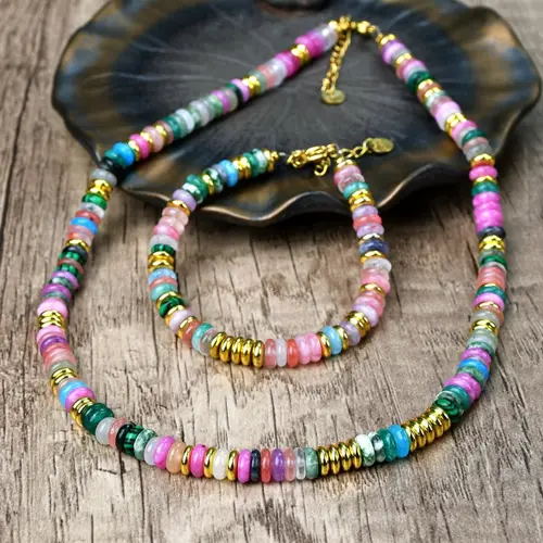 Colorblock Beaded Necklace & Bracelet Chunky Fashion Jewelry Set for Party, Trendy All-match & Exquisite Jewelry as a Birthday Gift, Fashionable Jewelry Set