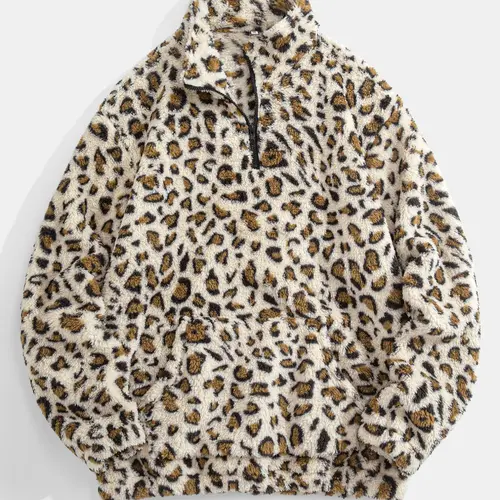 Men's Leopard Print Pocket Half Zip Plush Sweatshirt, Loose Casual Long Sleeve Drop Shoulder Fuzzy Pullover for Winter, Fashion Men's Clothes for Daily Wear, Casual Sweatshirts, Casual Comfy Streetwear