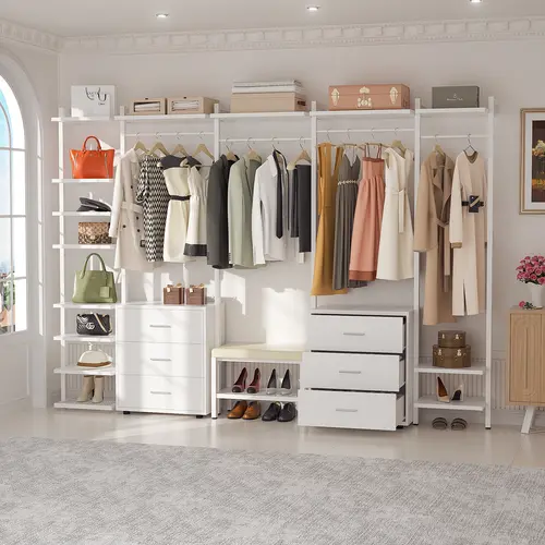 8FT Wooden Closet Organizer System - Stable MDF & Metal Furniture with 6 Wood Drawers, 96in Hangers, Shelves, 35 lbs per Rod Capacity, Closet Storage Cabinet for Home Organization, Shoe Rack Organizer,sohochic