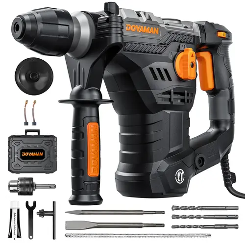 DOVAMAN RH15A 1-9/16 in SDS-Plus Rotary Hammer Drill Full Kit, 1500W Power, 4 Functions in 1 Knob, Safety Clutch, 6 Speeds, 4350BPM/900RPM, Concrete Drill Bit, Ideal for DIY Users, Concrete, Wood, Steel Power Tools