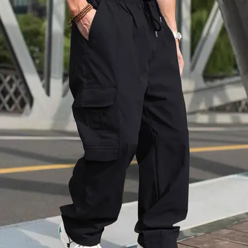 Men's Solid Color Flap Pocket Casual Slant Pocket Drawstring Waist Cargo Pants, Casual Comfy Trouser, Regular Fit Casual Street Straight Leg Trousers for Daily Wear, Men's Bottoms for All Seasons, Casual Fitted Pockets