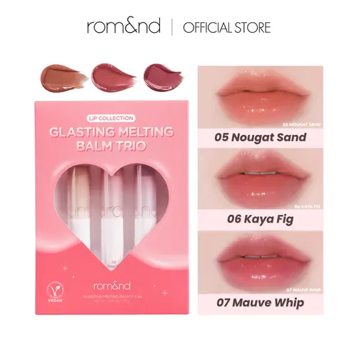 rom&nd Glasting Melting Balm Trio Set - Vegan Glossy Makeup Lipgloss, Moisturizing Lip Tint, Long Lasting Hydrating Lip Care, Dewy Finish, 3 Shades: Nougat Sand, Kaya Fig, Mauve Whip, Beauty Selfcare Makeup Products