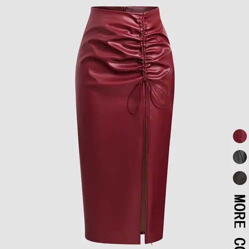 Women's Ruched Adjustable Drawstring Split Thigh Pu Leather Skirt, Casual Comfy Skirt, Thigh Slit, Fashion Casual Fit High Waist Long Skirt for Daily Wear, Women's Bottoms for Spring & Fall, Womenswear, Lady