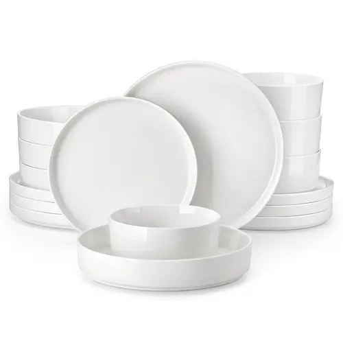 MALACASA LEAH Series Porcelain Dinnerware Service Set - 12/16 Pieces, 4-Person Plateset, 42oz Capacity, Cadmium-Free, Chip-Scratch Resistant, Microwave Reheat Safe, Modern White Kitchen Tableware